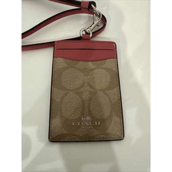 Coach Lanyard Signature ID Badge Card Case Khaki Pink Ruby - Picture 1 of 7